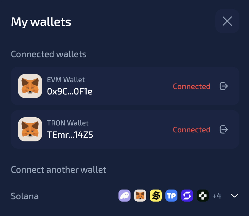 My wallets modal with an EVM wallet and a TRON wallet connected before converting USDC ERC20 to TRC20