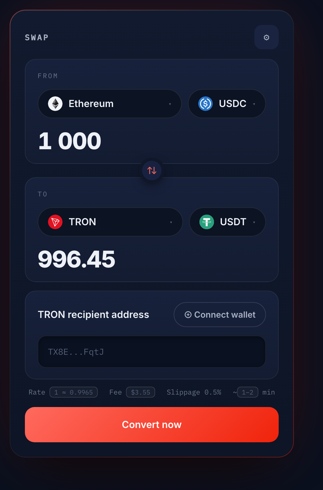 Swap widget with 1,000 USDC ERC20 entered: the exact USDT TRC20 amount you receive, the fee, the estimated time and the Convert button before signing