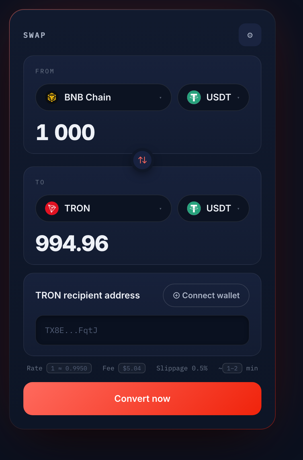 Swap widget with 1,000 USDT BEP20 entered: the exact USDT TRC20 amount you receive, the fee, the estimated time and the Convert button before signing