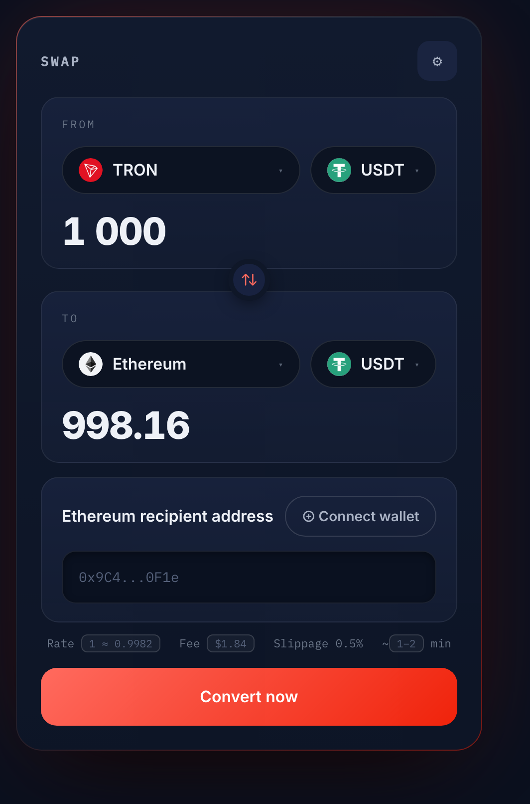 Swap widget with 1,000 USDT TRC20 entered: the exact USDT ERC20 amount you receive, the fee, the estimated time and the Convert button before signing
